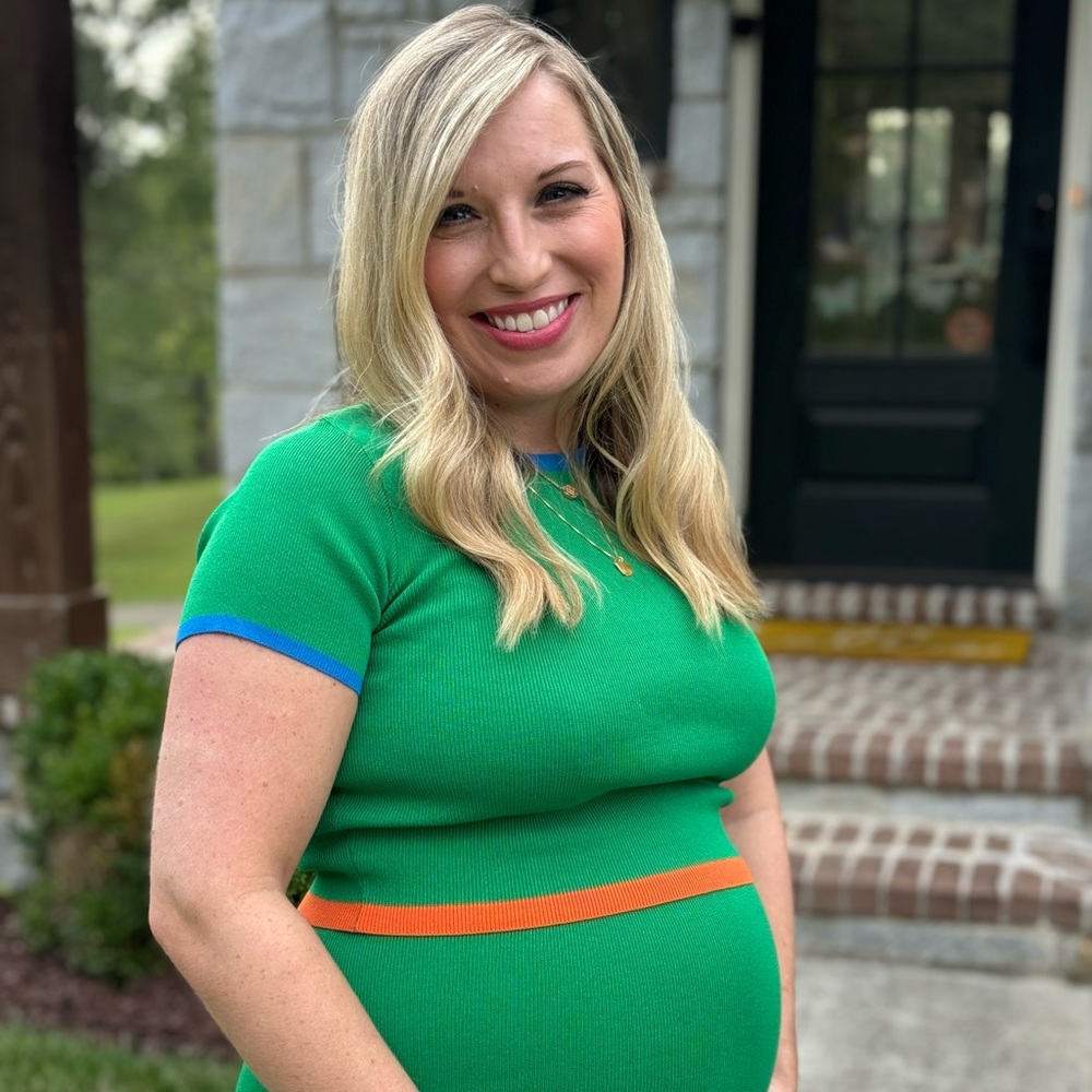 Timing Green Maternity Dress with Blue and Orange Accents
